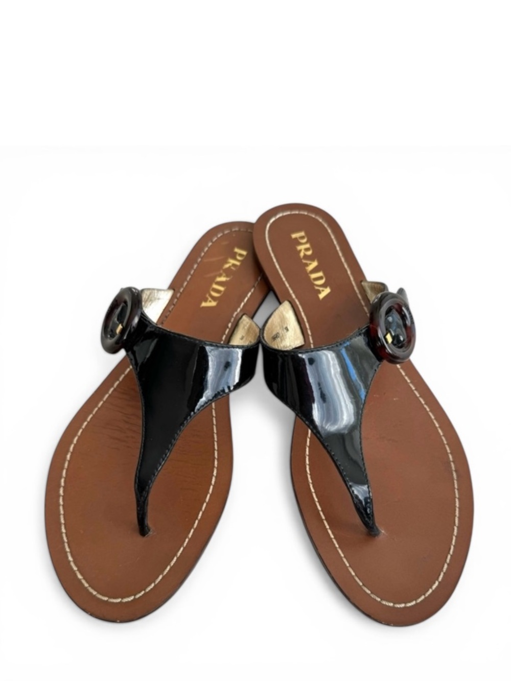 PRADA Black Patent Flat Sandals Leather Thong Slides Women’s 38